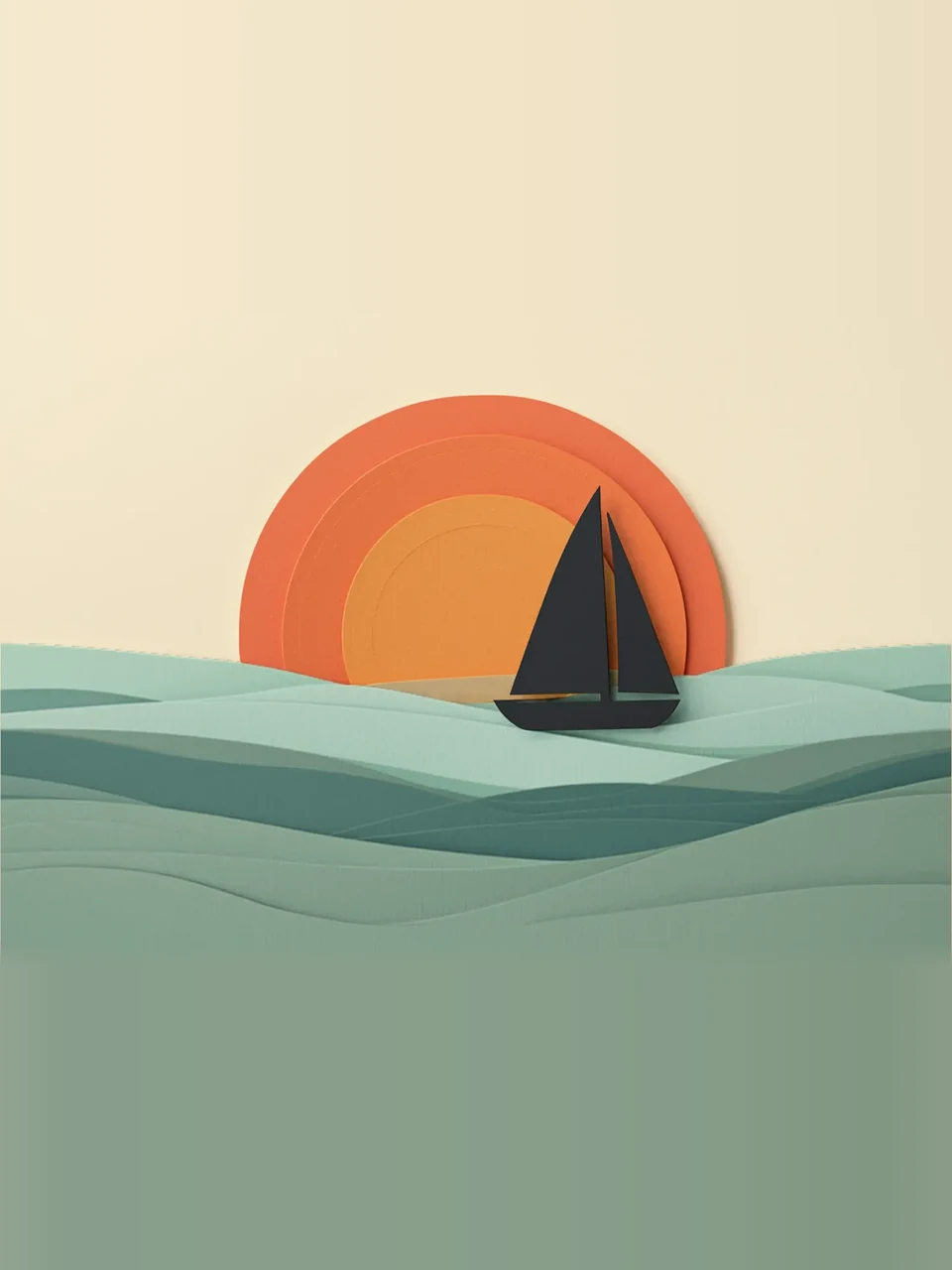 Voilier sur les vagues au soleil couchant