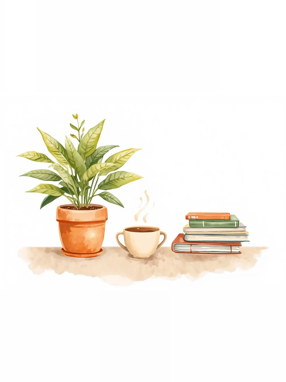 Plante, tasse de café et livres