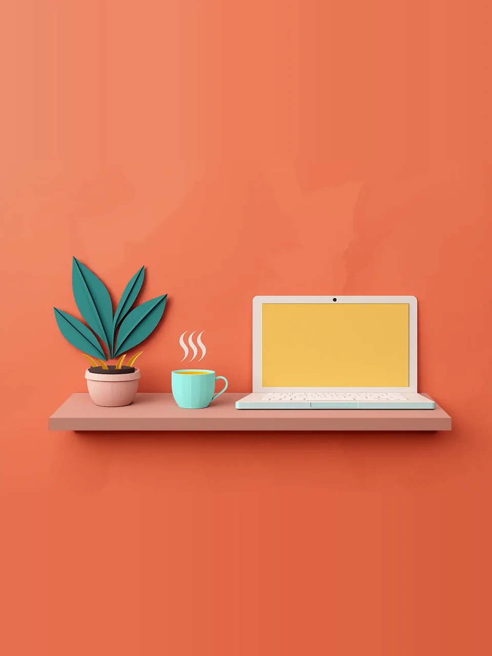 Ordinateur, tasse et plante sur une étagère